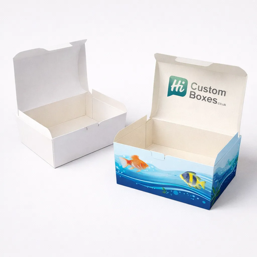 Two open mailer boxes, one natural kraft and one with internal custom printed branding. class=